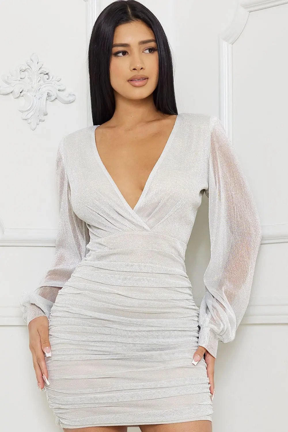 Shimmer Mesh Mini Dress | Long Sleeve, Shoulder Pad Detail BOUTINIE