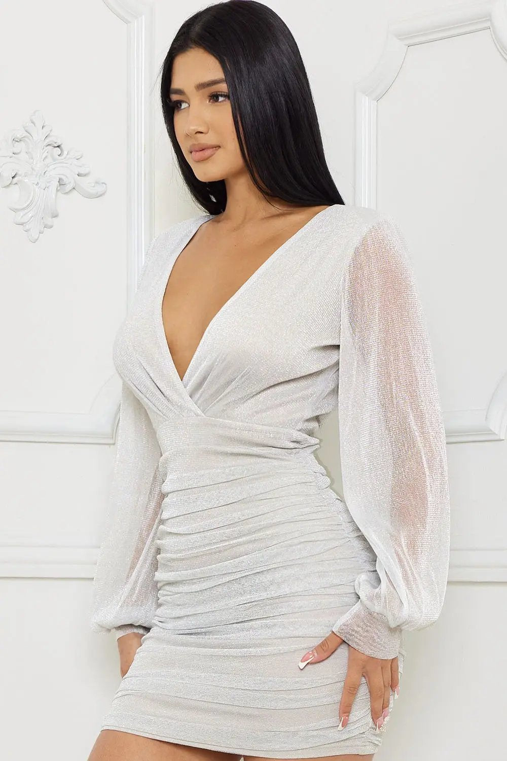 Shimmer Mesh Mini Dress | Long Sleeve, Shoulder Pad Detail BOUTINIE