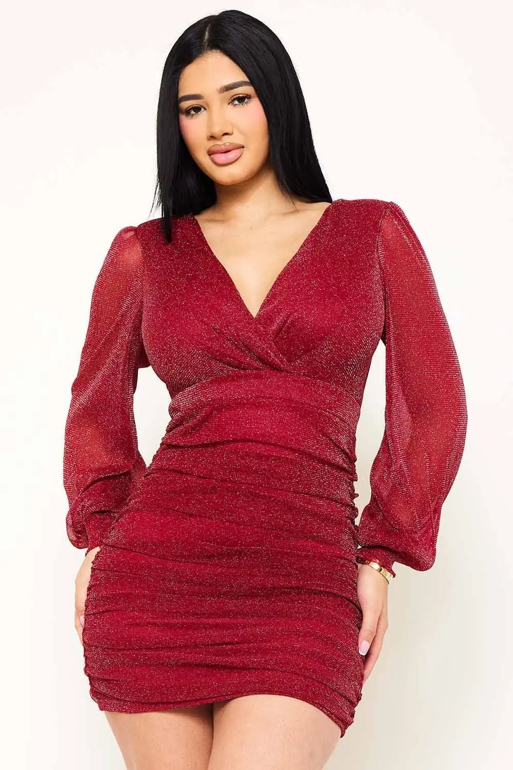 Shimmer Mesh Mini Dress | Long Sleeve, Shoulder Pad Detail BOUTINIE
