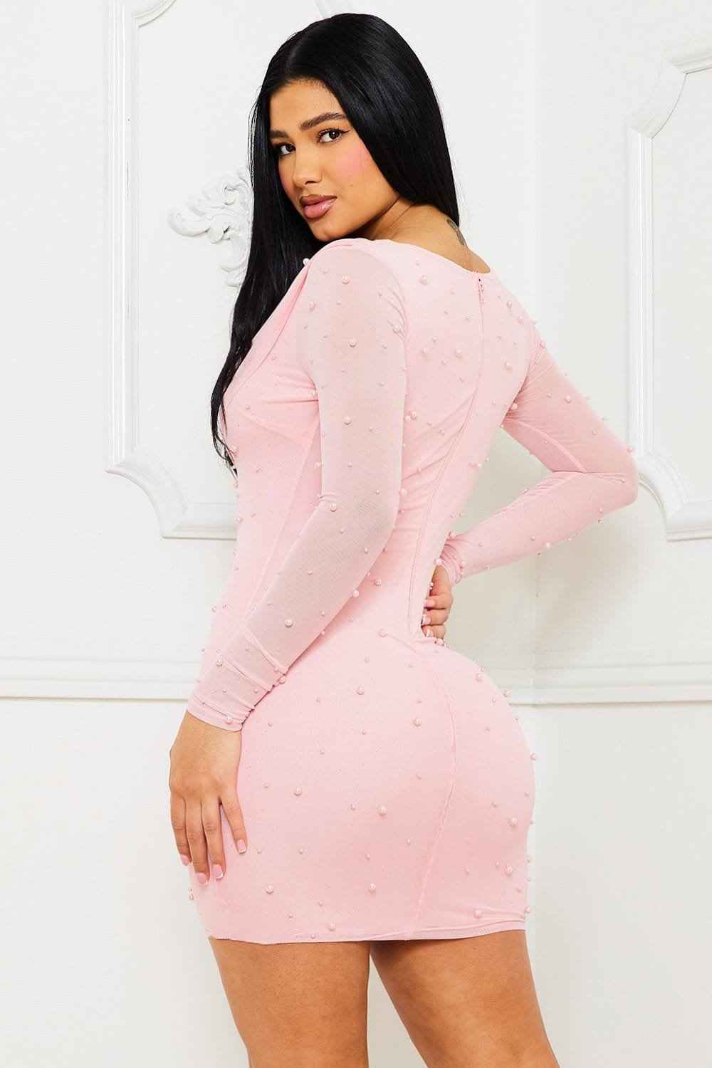Mesh With Pearl Beaded Mini Dress