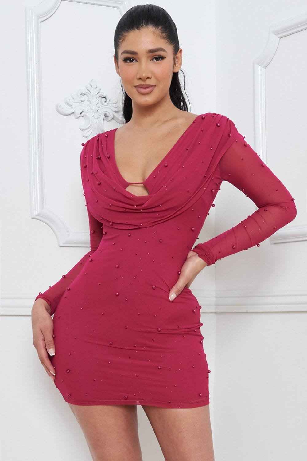 Mesh With Pearl Beaded Mini Dress