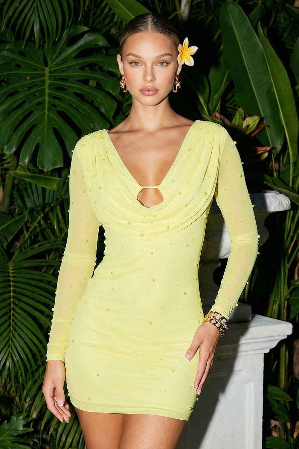Mesh With Pearl Beaded Mini Dress