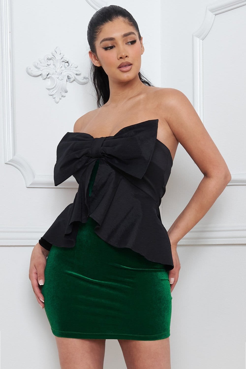 Oversized Ribbon Bow Dress | Peplum Tube Top, Zipper Back BOUTINIE