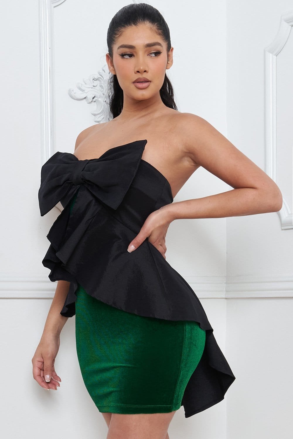 Oversized Ribbon Bow Dress | Peplum Tube Top, Zipper Back BOUTINIE