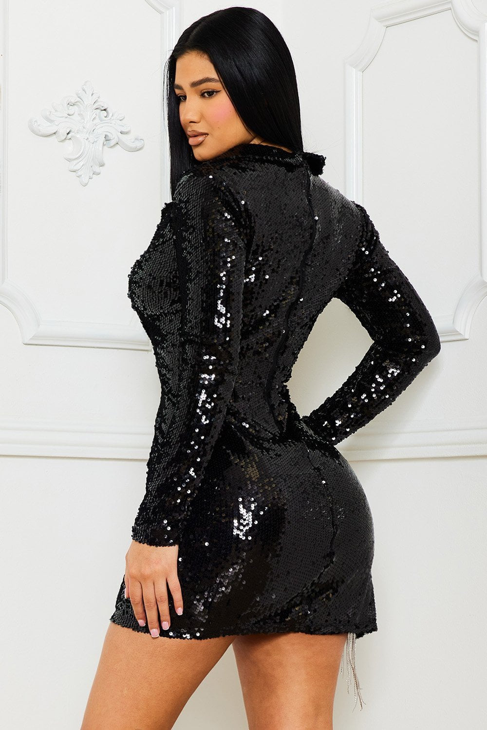 Sequin Mini Dress – V Neck Suit Style With Rhinestone Chain Detail BOUTINIE