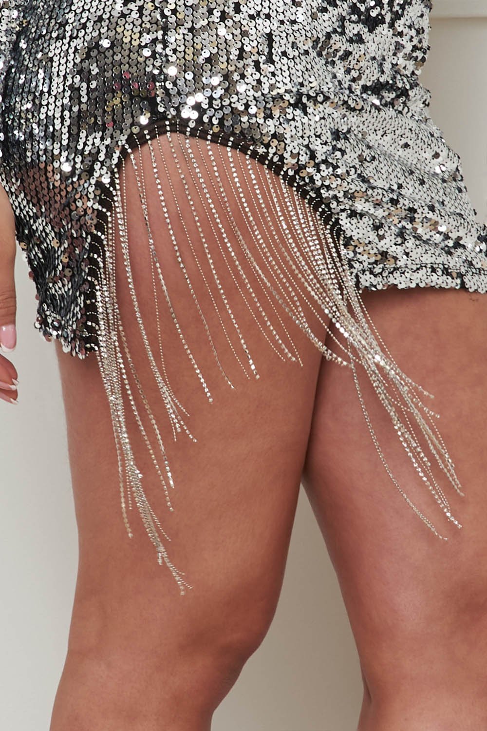 Sequin Mini Dress – V Neck Suit Style With Rhinestone Chain Detail BOUTINIE