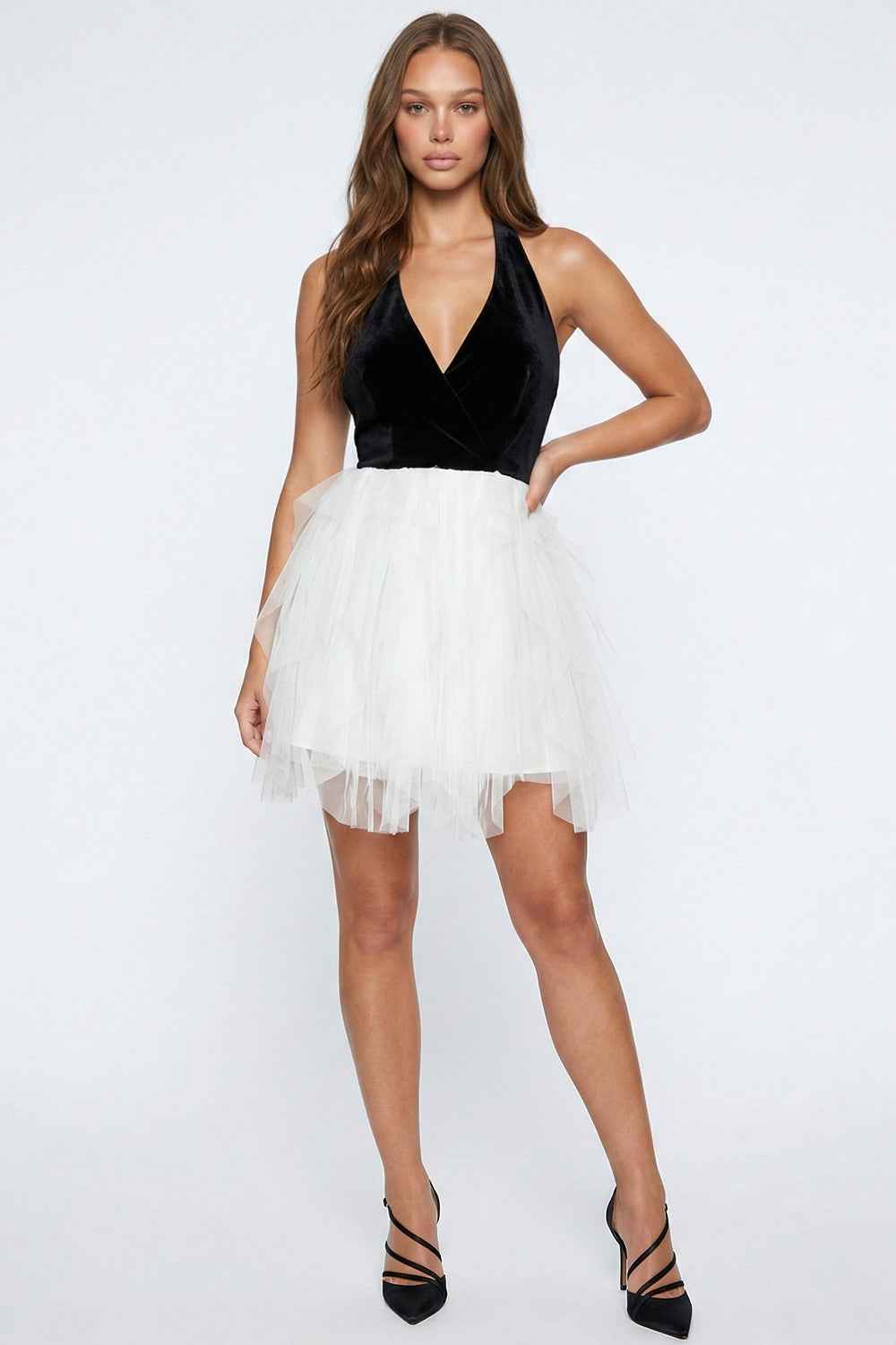 Contrast Fabric Mesh And Velvet Mini Dress