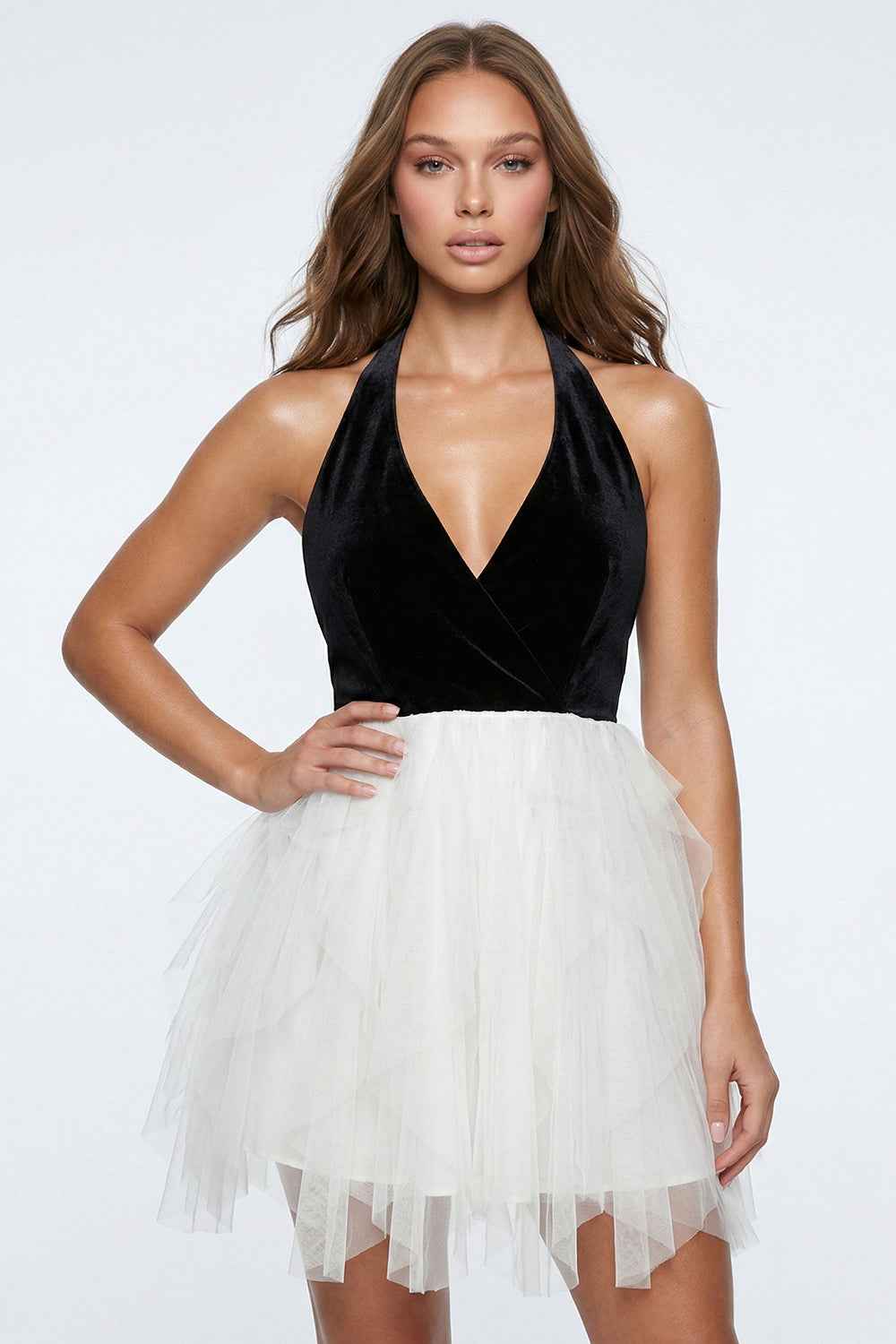 Contrast Fabric Mesh And Velvet Mini Dress
