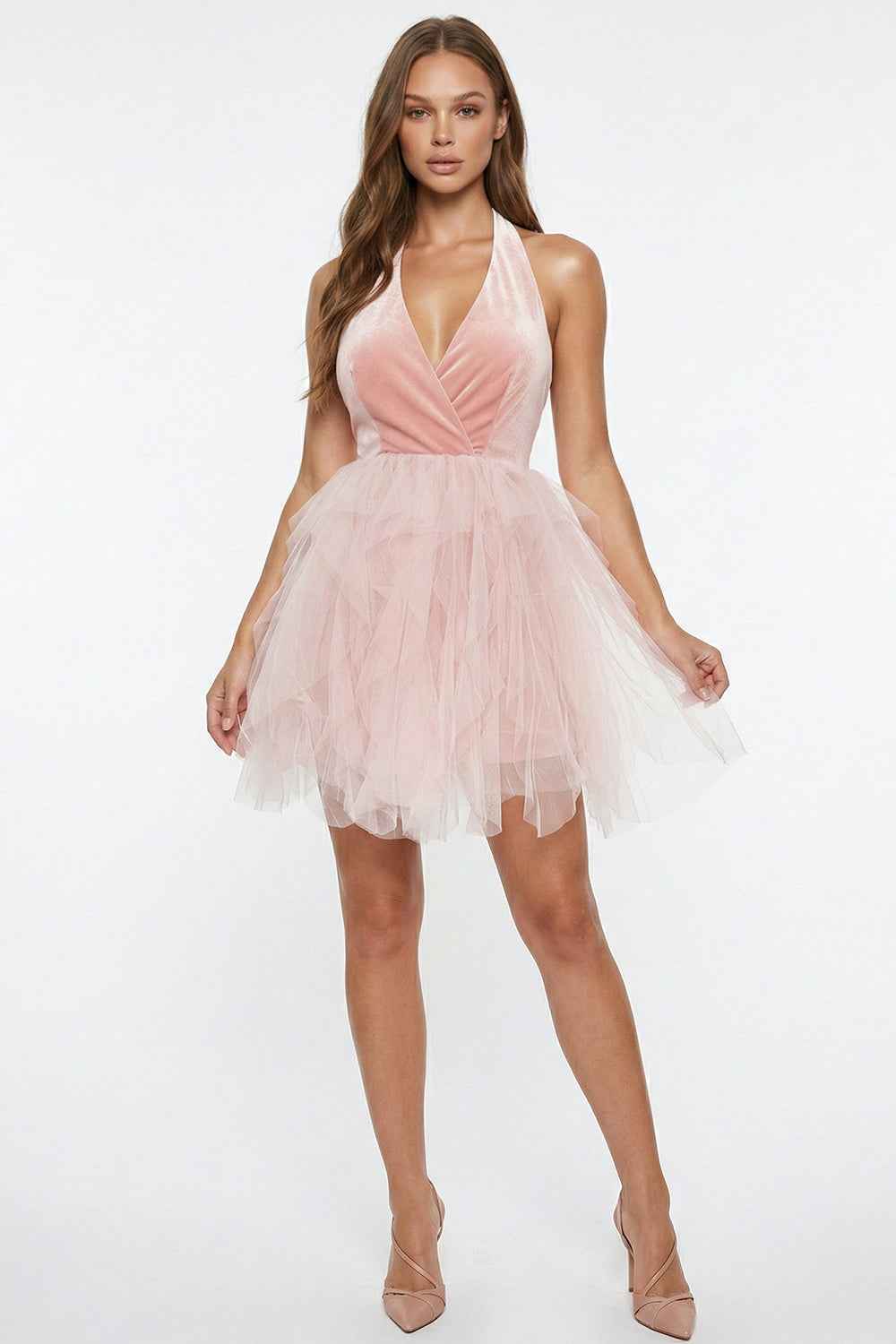 Contrast Fabric Mesh And Velvet Mini Dress