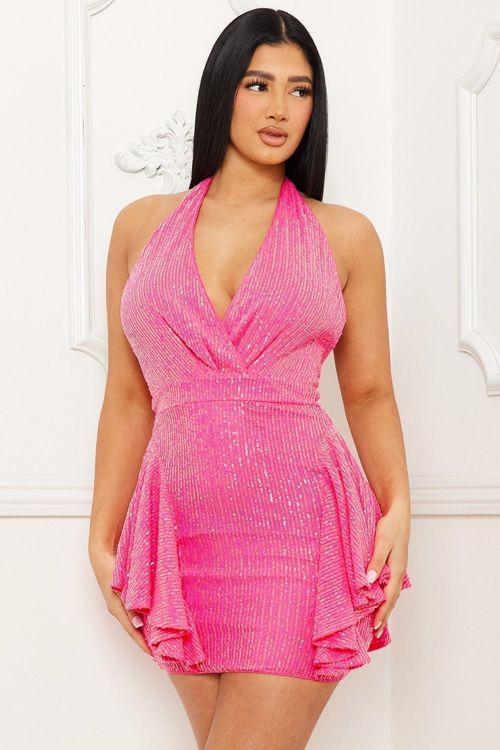 Sequin Halter Mini Dress With Zipper Back Closure & Ruffles BOUTINIE