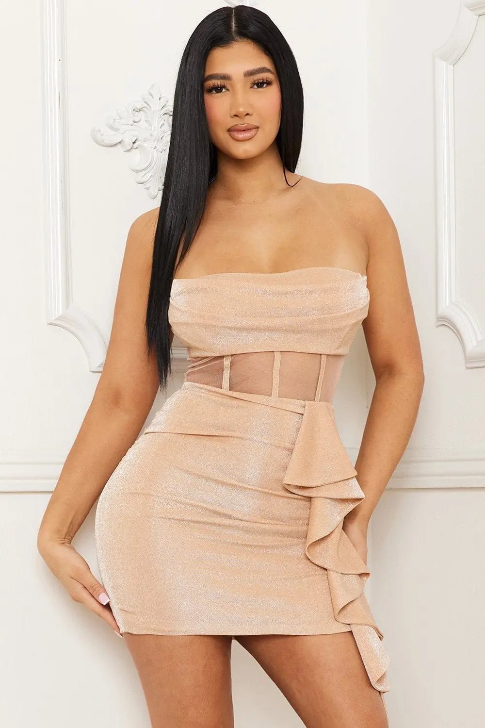 Pleated Tube Top Dress – Shimmer Mini With Ruffle Skirt BOUTINIE