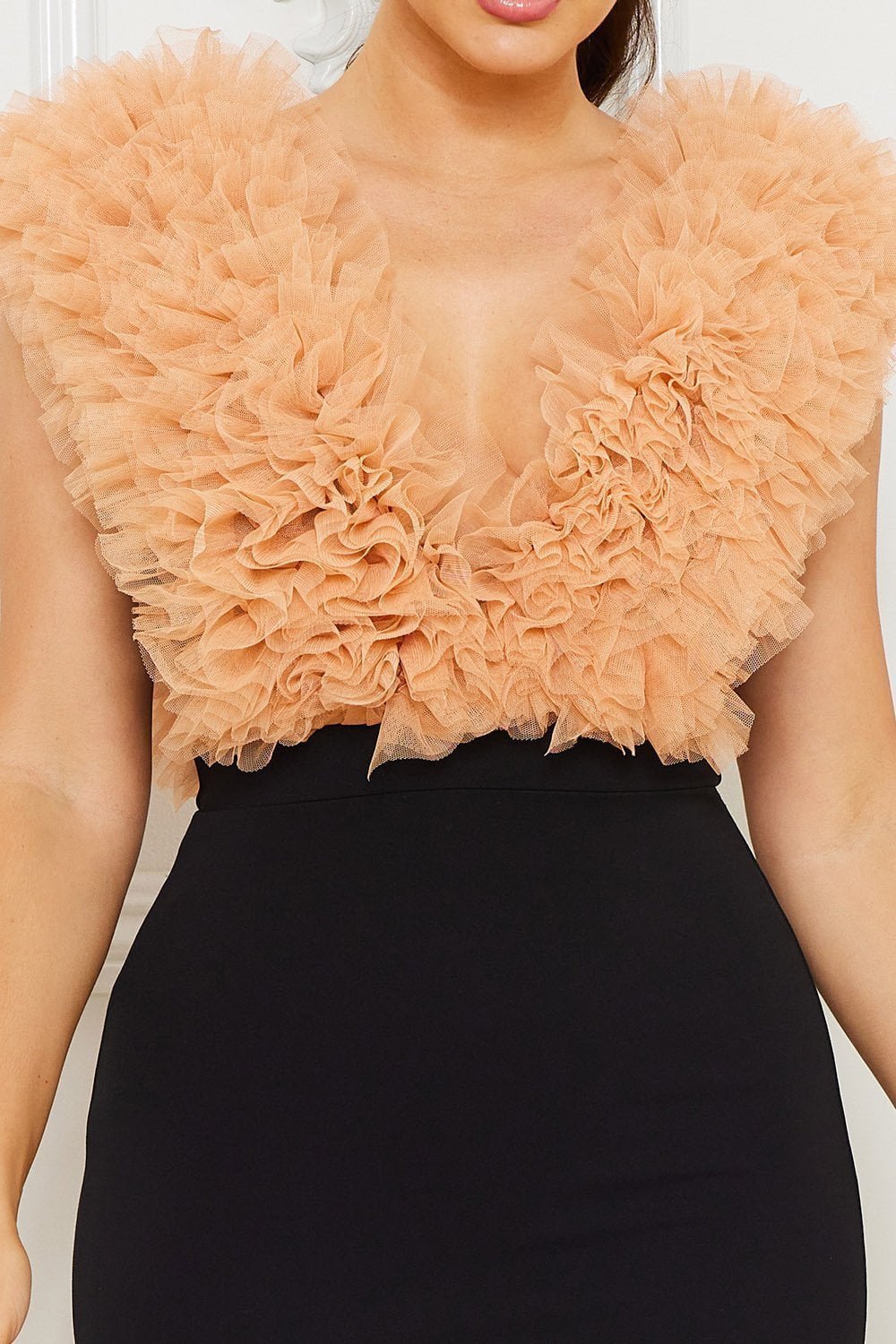 Color Contrast Mini Dress - Ruffle Front Bodycon Zipper Back BOUTINIE