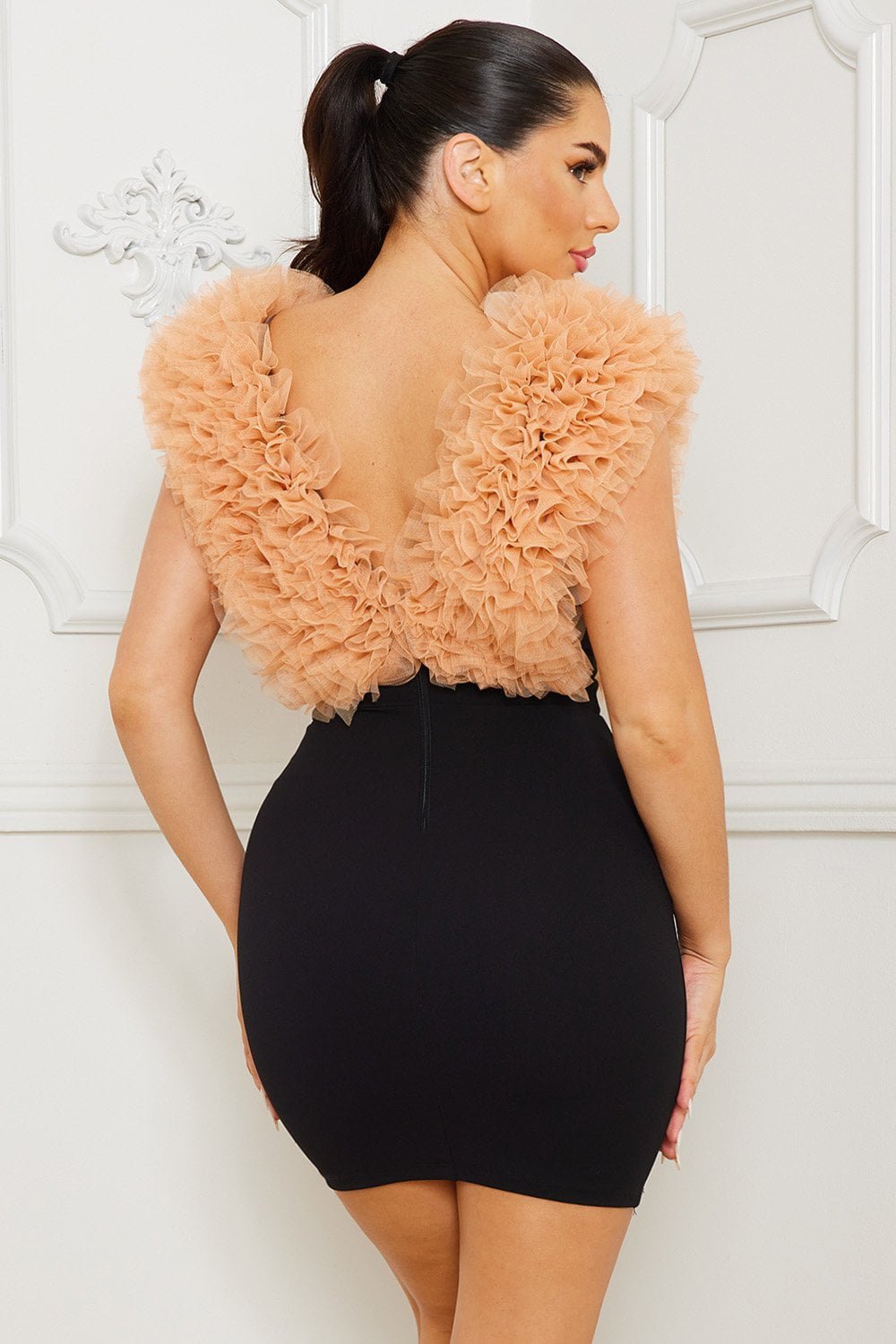 Color Contrast Mini Dress - Ruffle Front Bodycon Zipper Back BOUTINIE