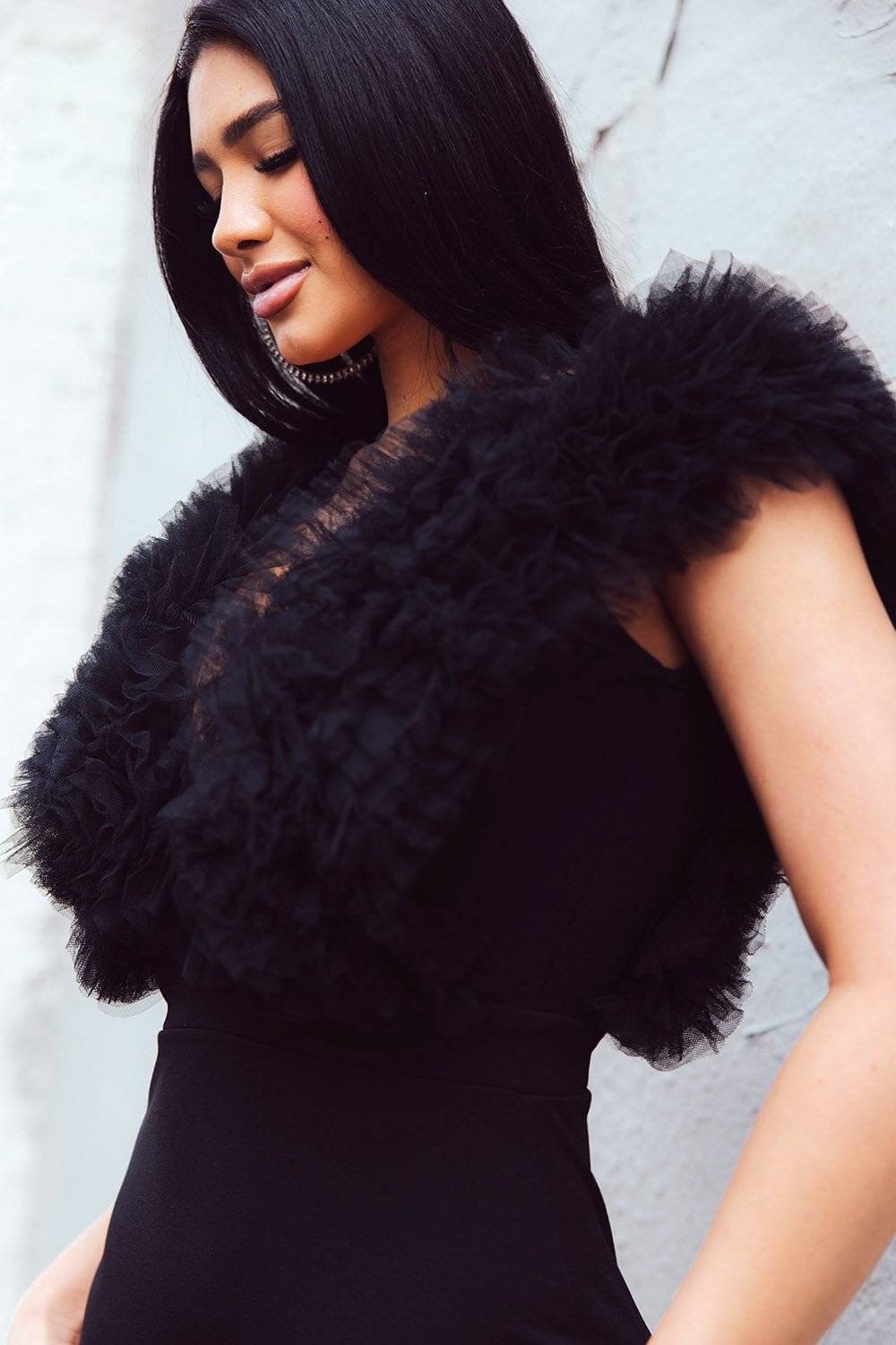 Color Contrast Mini Dress - Ruffle Front Bodycon Zipper Back BOUTINIE