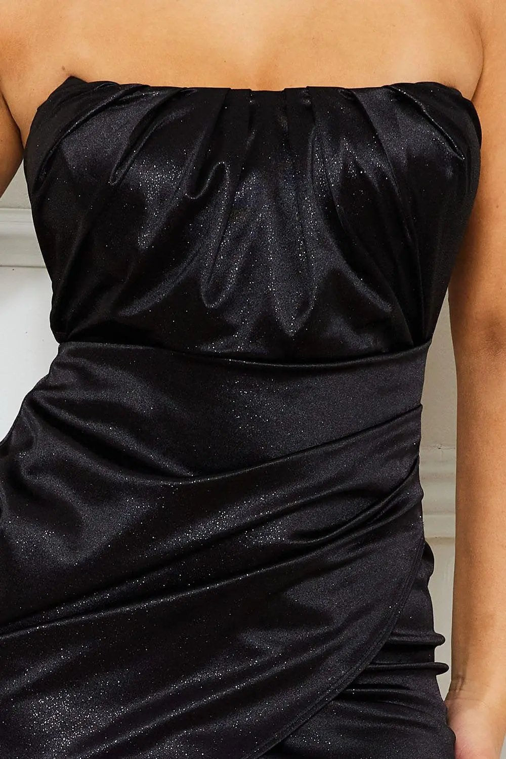 Glitter Satin Mini Dress – Pleated Tube Top Bodycon Wrap Skirt BOUTINIE