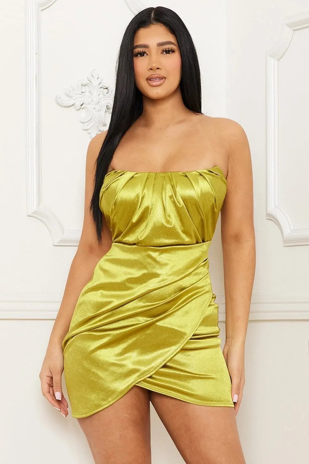 Glitter Satin Mini Dress – Pleated Tube Top Bodycon Wrap Skirt BOUTINIE
