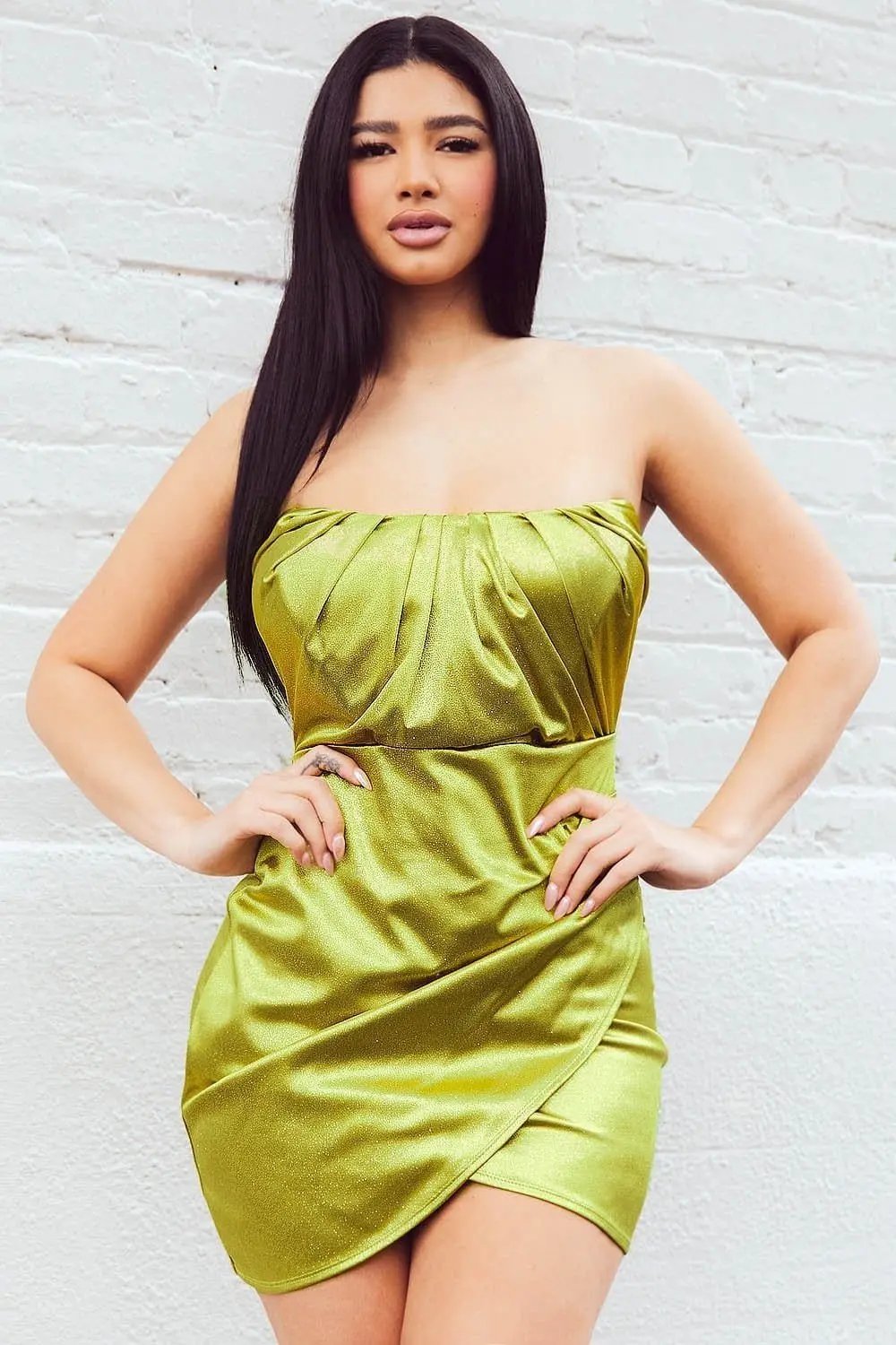 Glitter Satin Mini Dress – Pleated Tube Top Bodycon Wrap Skirt BOUTINIE