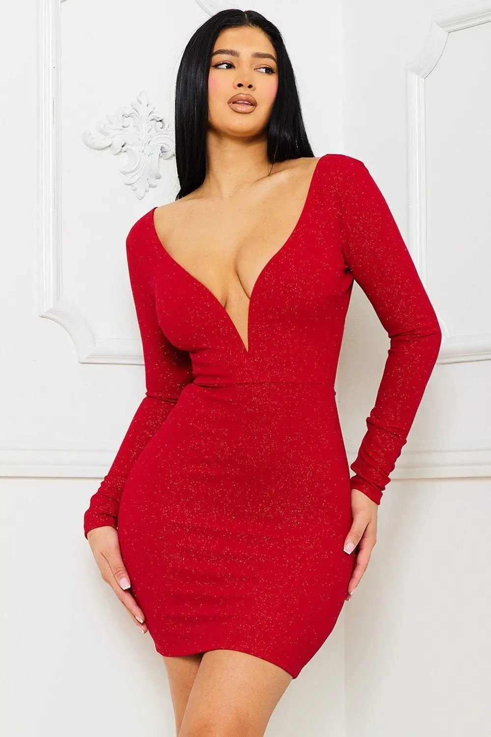 Glitter Mini Dress - Plunging Neckline & Open Back Party Wear BOUTINIE