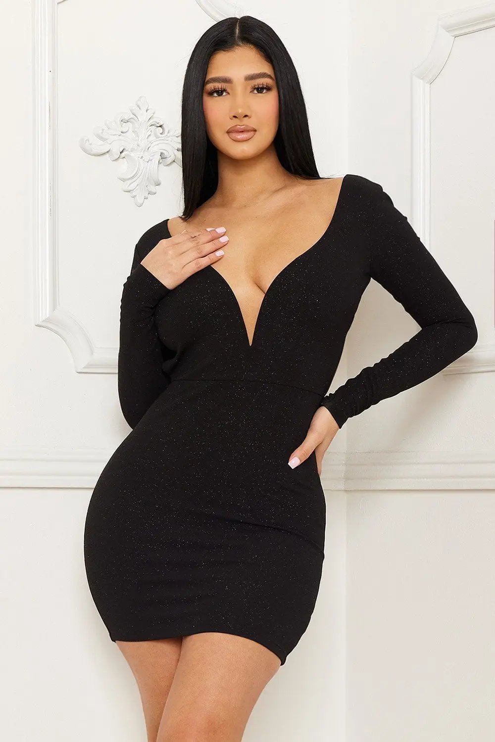 Glitter Mini Dress - Plunging Neckline & Open Back Party Wear BOUTINIE