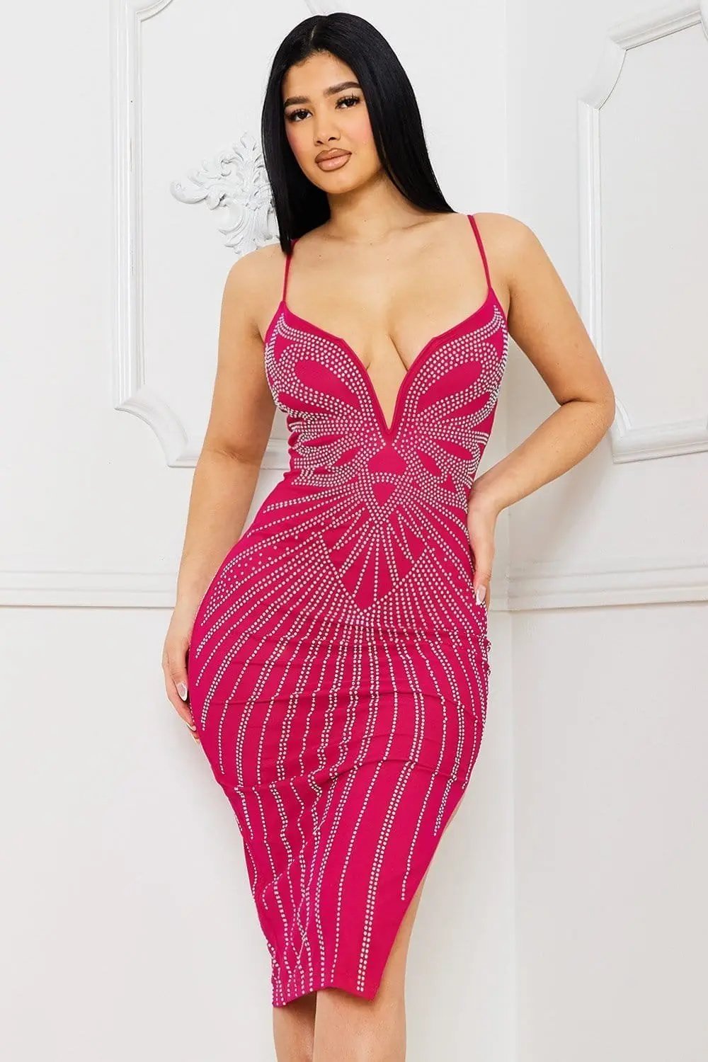 Rhinestone Midi Dress – Sweetheart Neckline & Adjustable Straps BOUTINIE