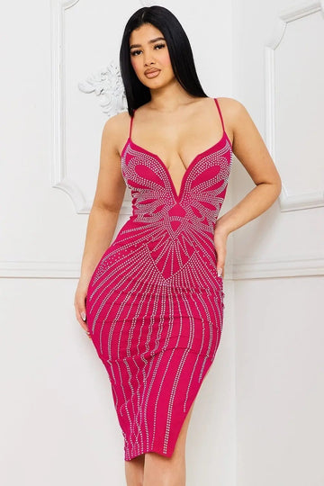 Rhinestone Midi Dress – Sweetheart Neckline & Adjustable Straps BOUTINIE