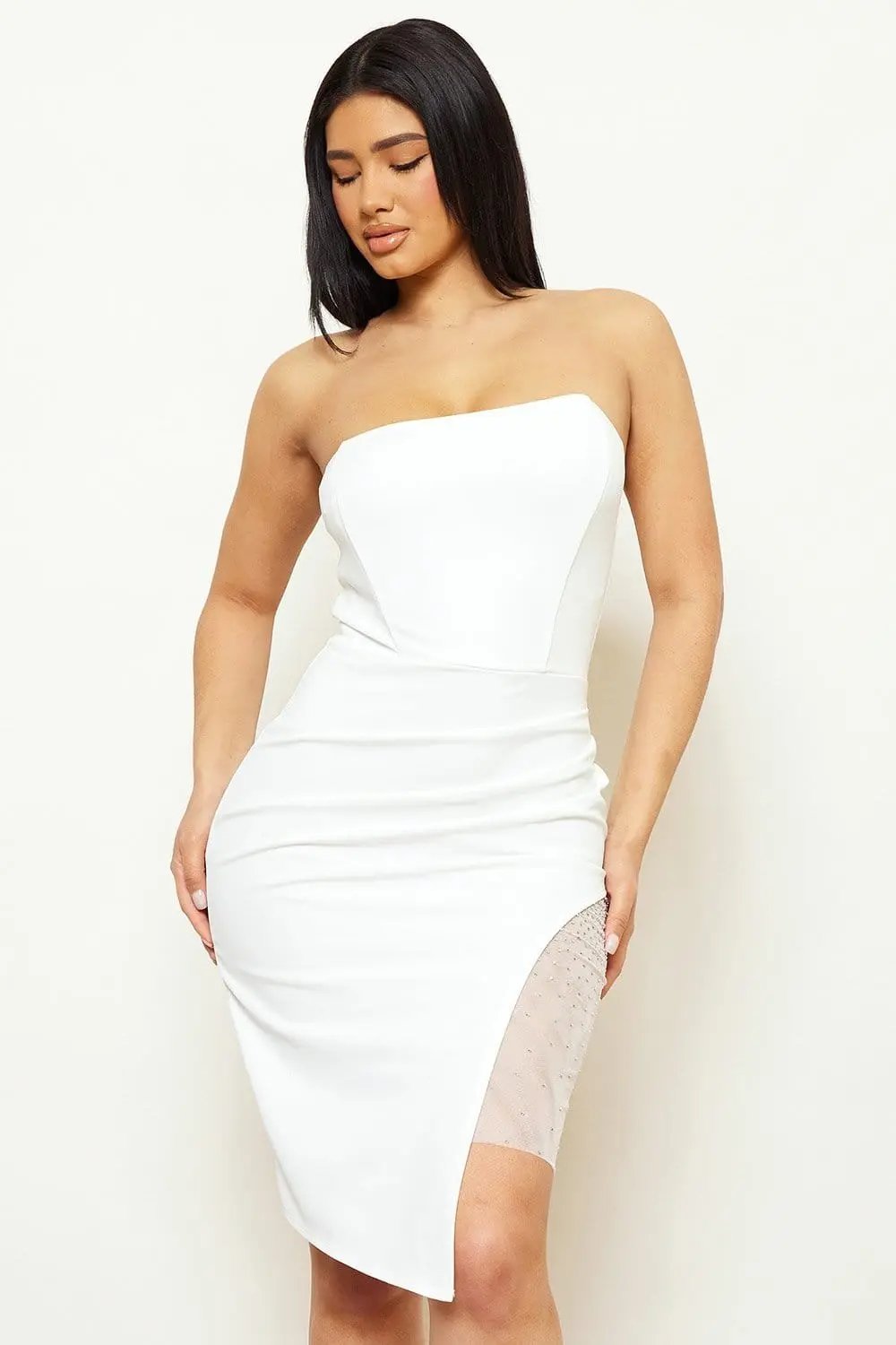 Asymmetric Midi Dress - Rhinestone Panel Pleated Evening Gown BOUTINIE