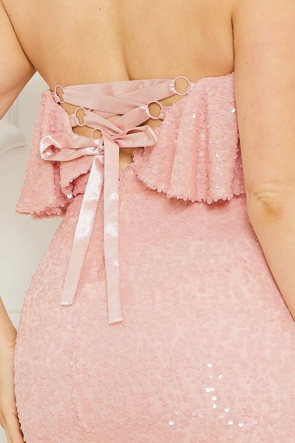 Sequin Tube Top Dress - Mini Party Dress With Ruffle & Lace Open Back BOUTINIE