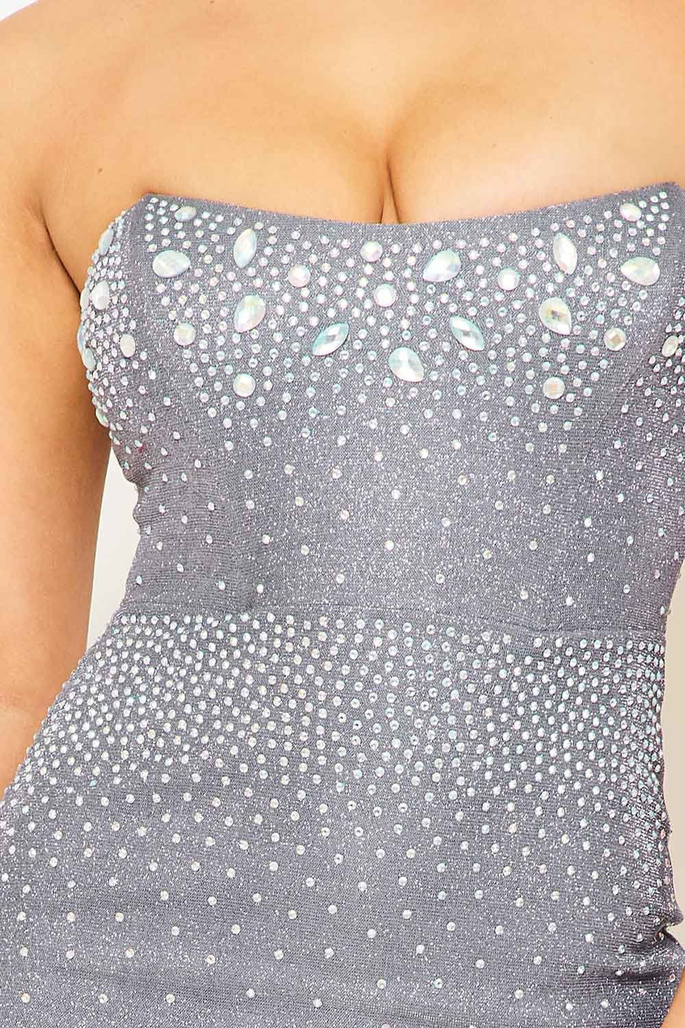 Rhinestone Tube Top Dress - Beaded Mini Bodycon Zipper Back BOUTINIE
