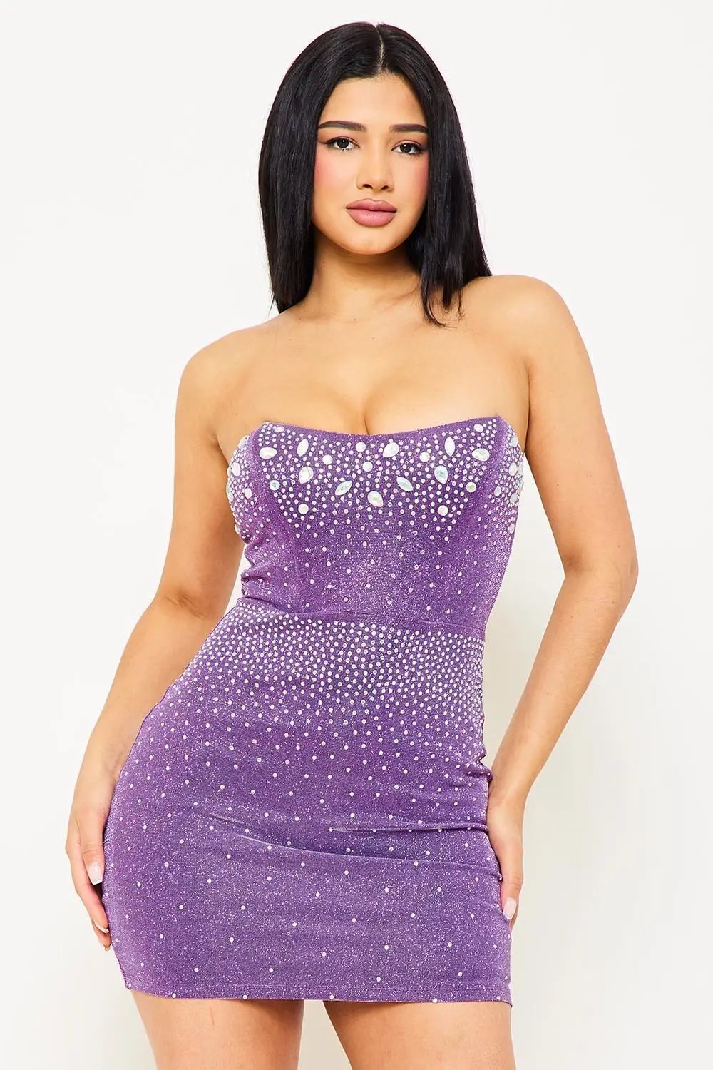 Rhinestone Tube Top Dress - Beaded Mini Bodycon Zipper Back BOUTINIE