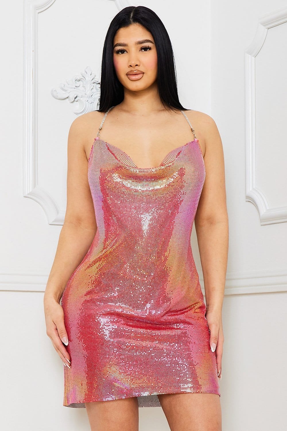 Metallic Mini Dress | Sleek Draped Style With Adjustable Straps BOUTINIE