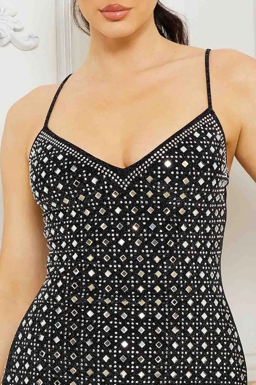 Rhinestone Mini Dress – Adjustable Spaghetti Strap Zipper Back Party Wear BOUTINIE