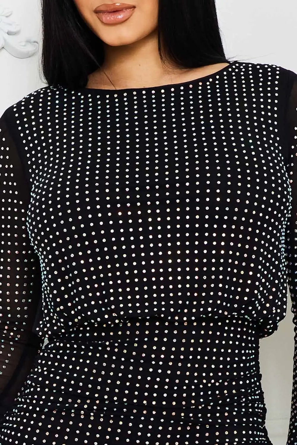 Rhinestone Mini Dress - Round Neck, Long Sleeve, Elastic Waist BOUTINIE