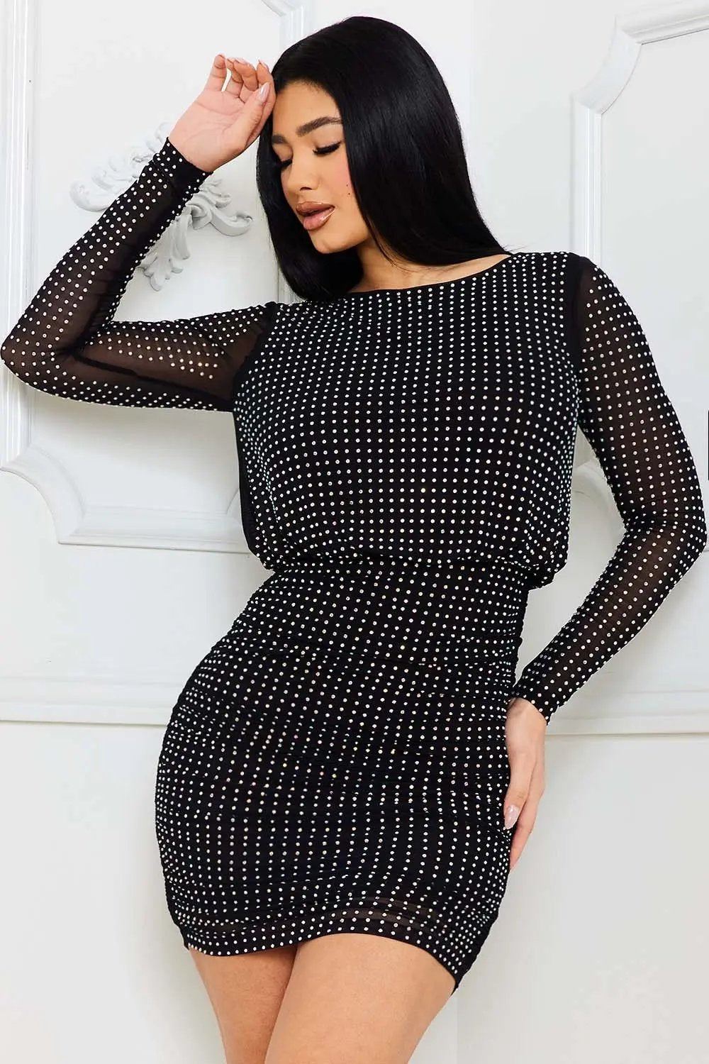 Rhinestone Mini Dress - Round Neck, Long Sleeve, Elastic Waist BOUTINIE