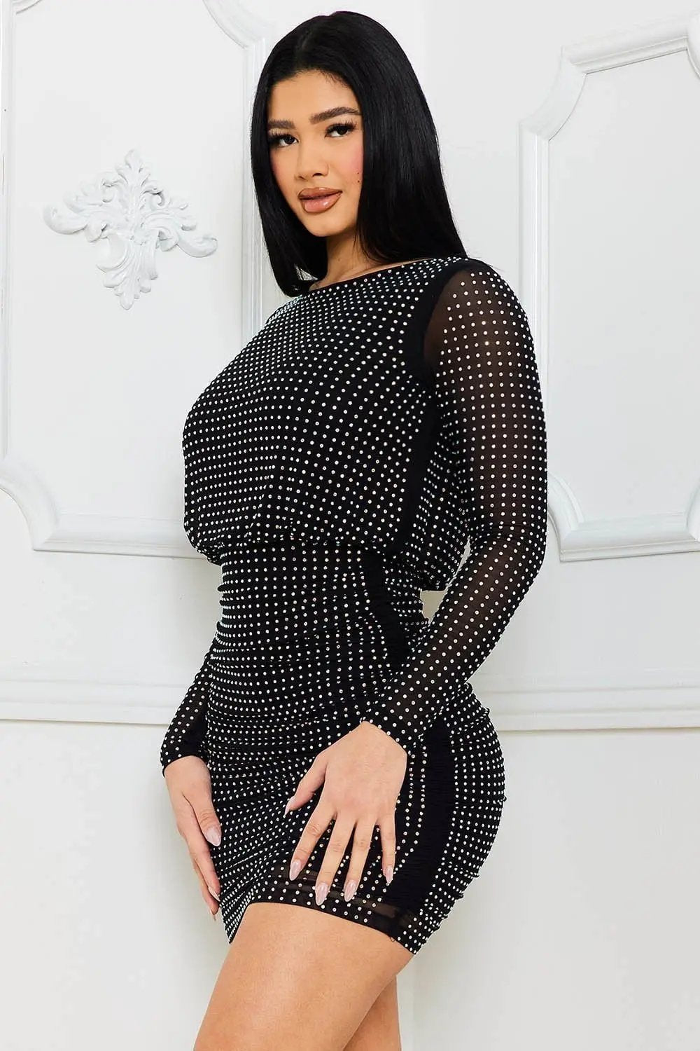 Rhinestone Mini Dress - Round Neck, Long Sleeve, Elastic Waist BOUTINIE