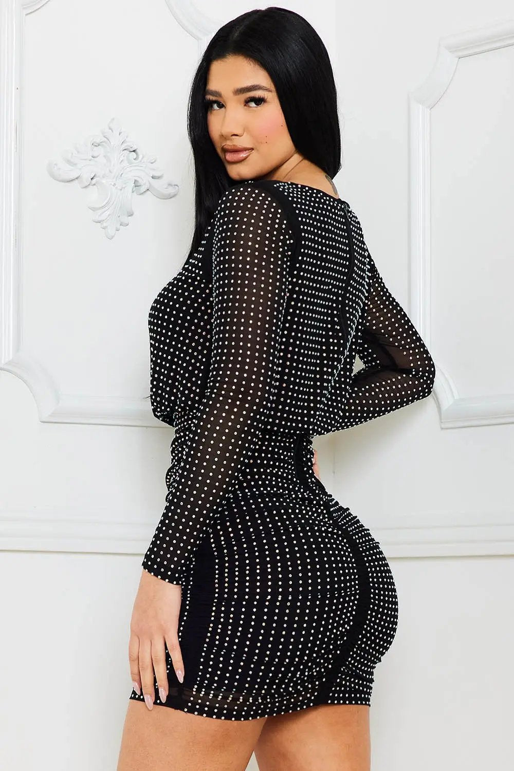 Rhinestone Mini Dress - Round Neck, Long Sleeve, Elastic Waist BOUTINIE