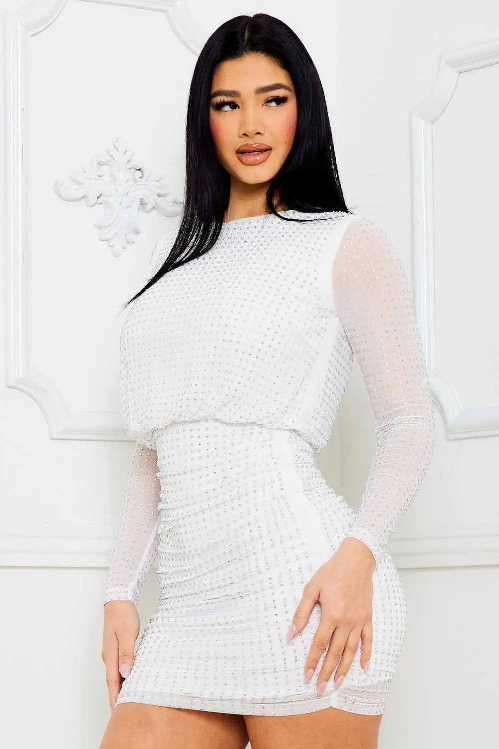 Rhinestone Mini Dress - Round Neck, Long Sleeve, Elastic Waist BOUTINIE