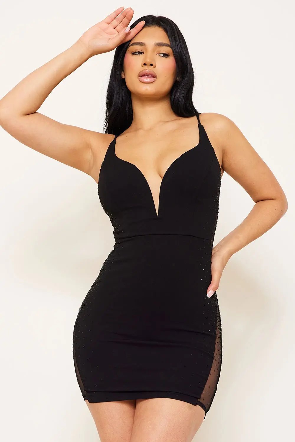 Plunging Neck Mini Dress - Rhinestone Side Detail, Adjustable Strap BOUTINIE