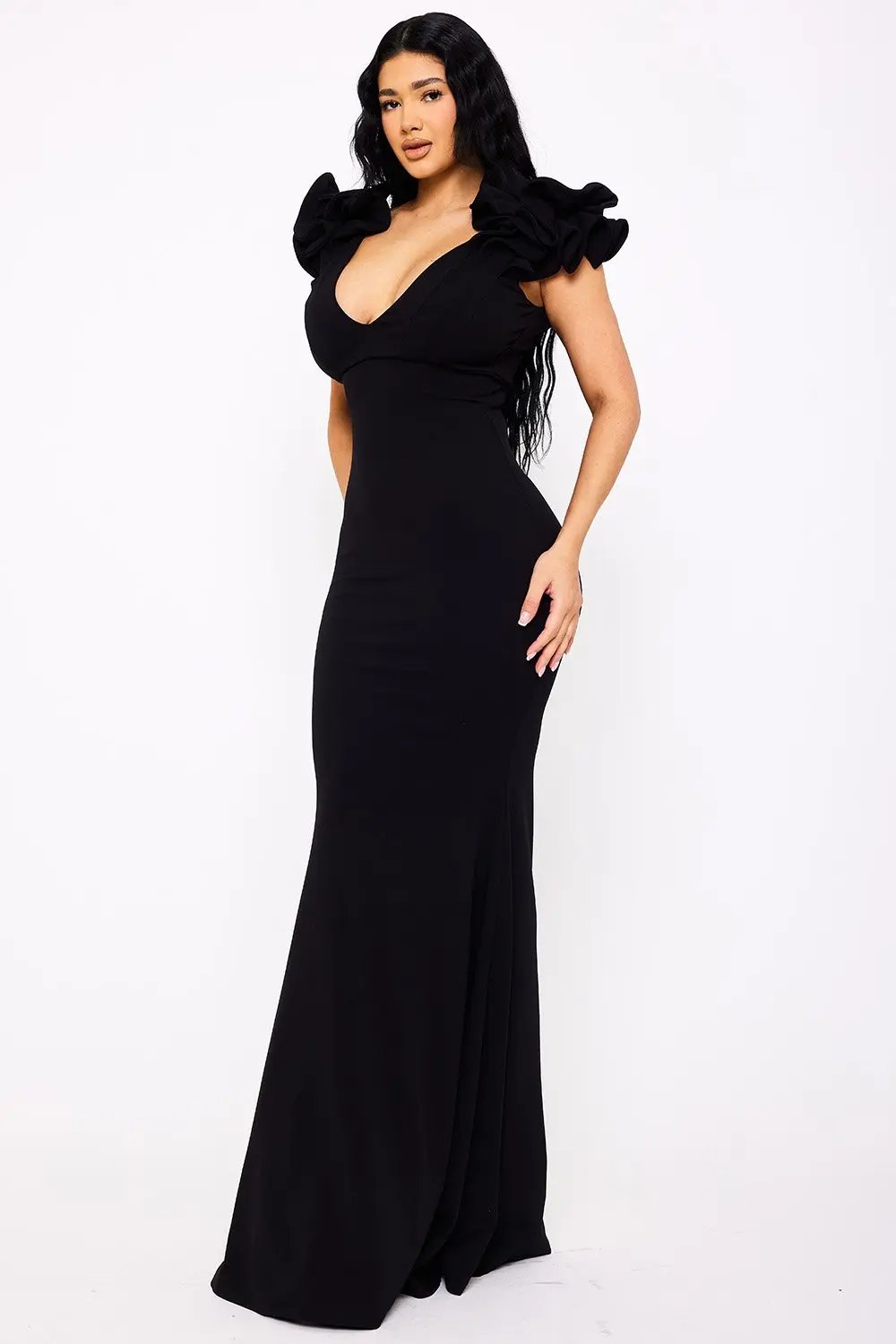 Ruffle Maxi Dress – Mermaid Evening Gown With Layered Sleeves BOUTINIE