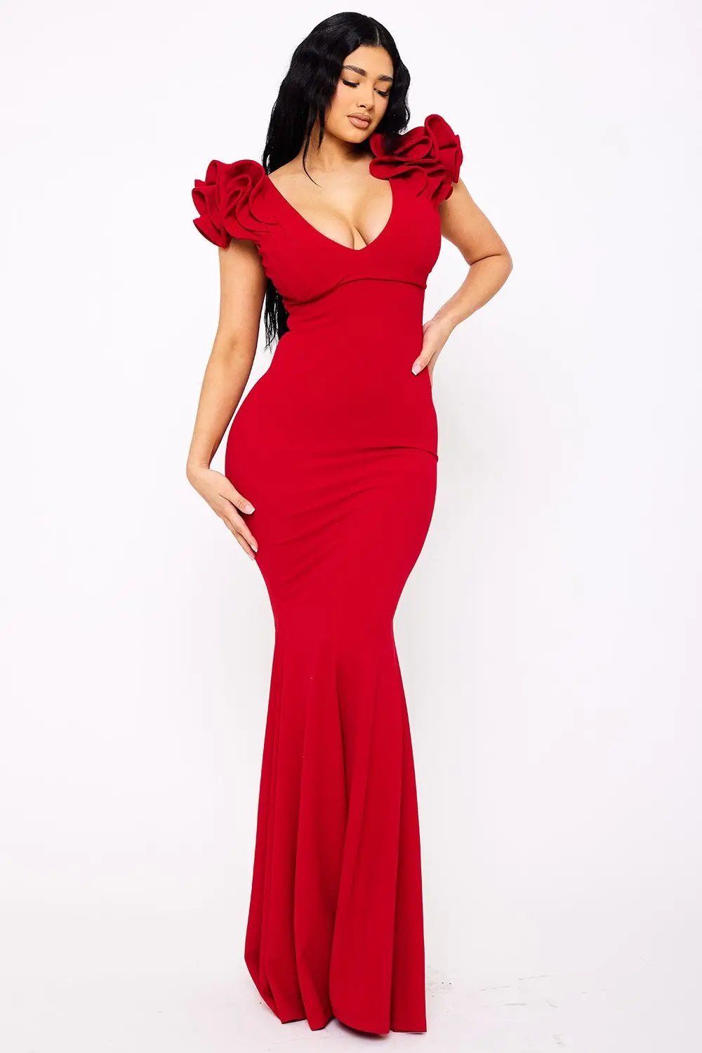 Ruffle Maxi Dress – Mermaid Evening Gown With Layered Sleeves BOUTINIE