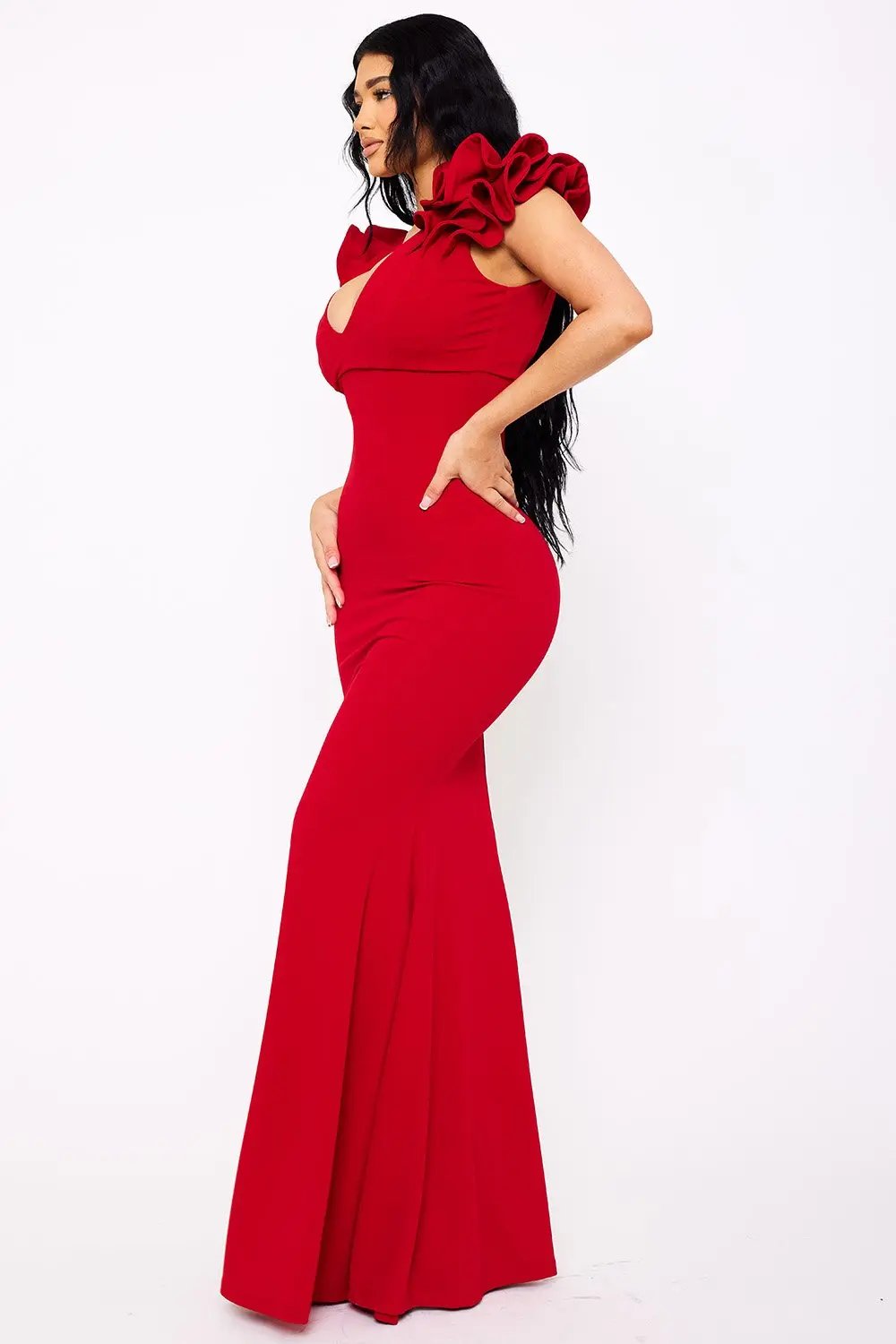 Ruffle Maxi Dress – Mermaid Evening Gown With Layered Sleeves BOUTINIE