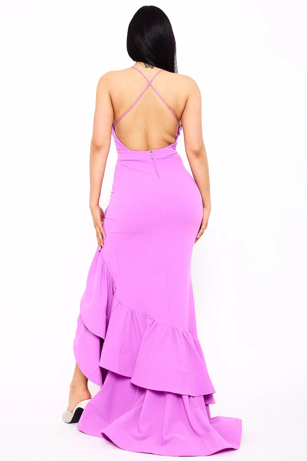 Ruffle Train Maxi Dress - Layered Spaghetti Strap Evening Gown BOUTINIE