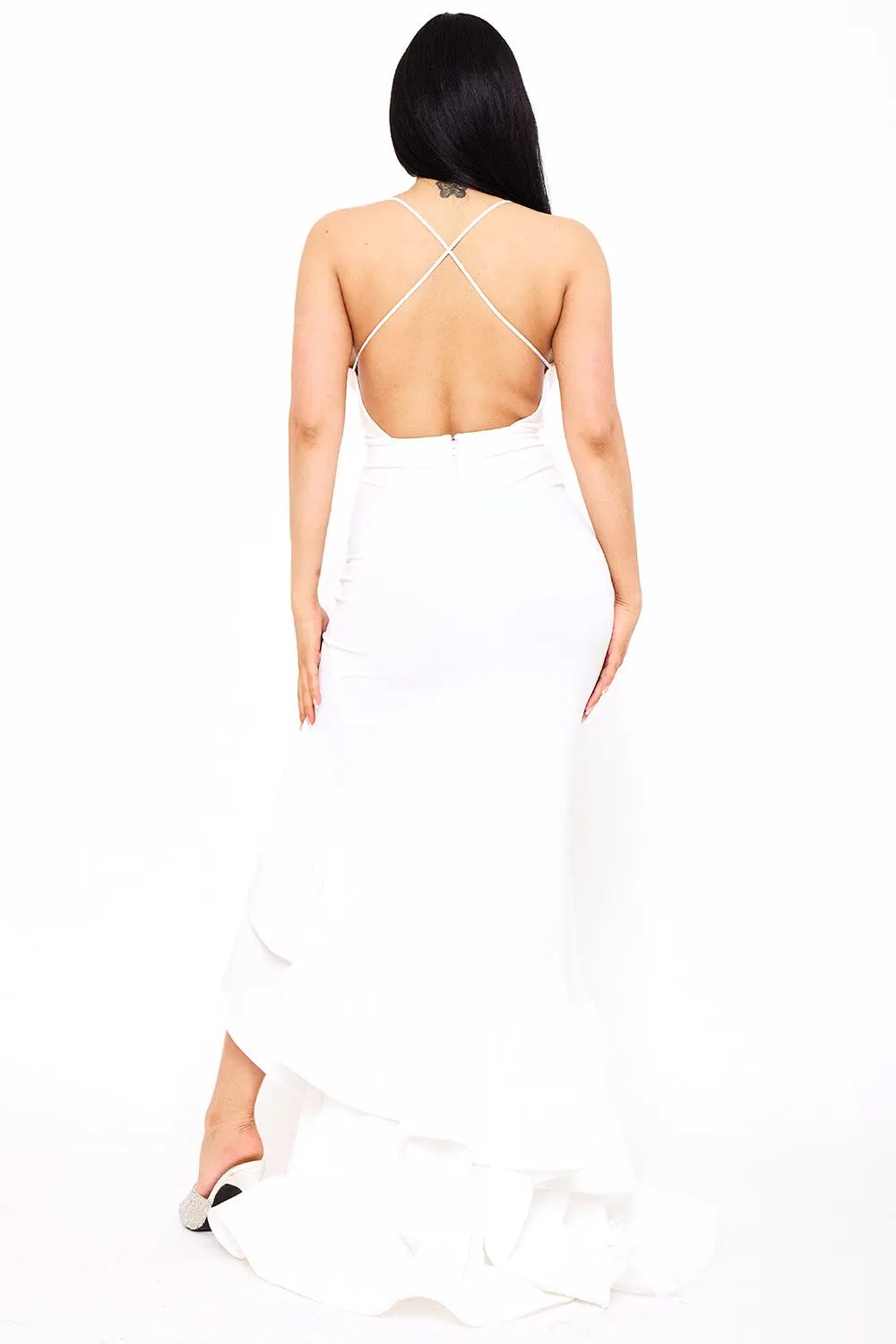 Ruffle Train Maxi Dress - Layered Spaghetti Strap Evening Gown BOUTINIE