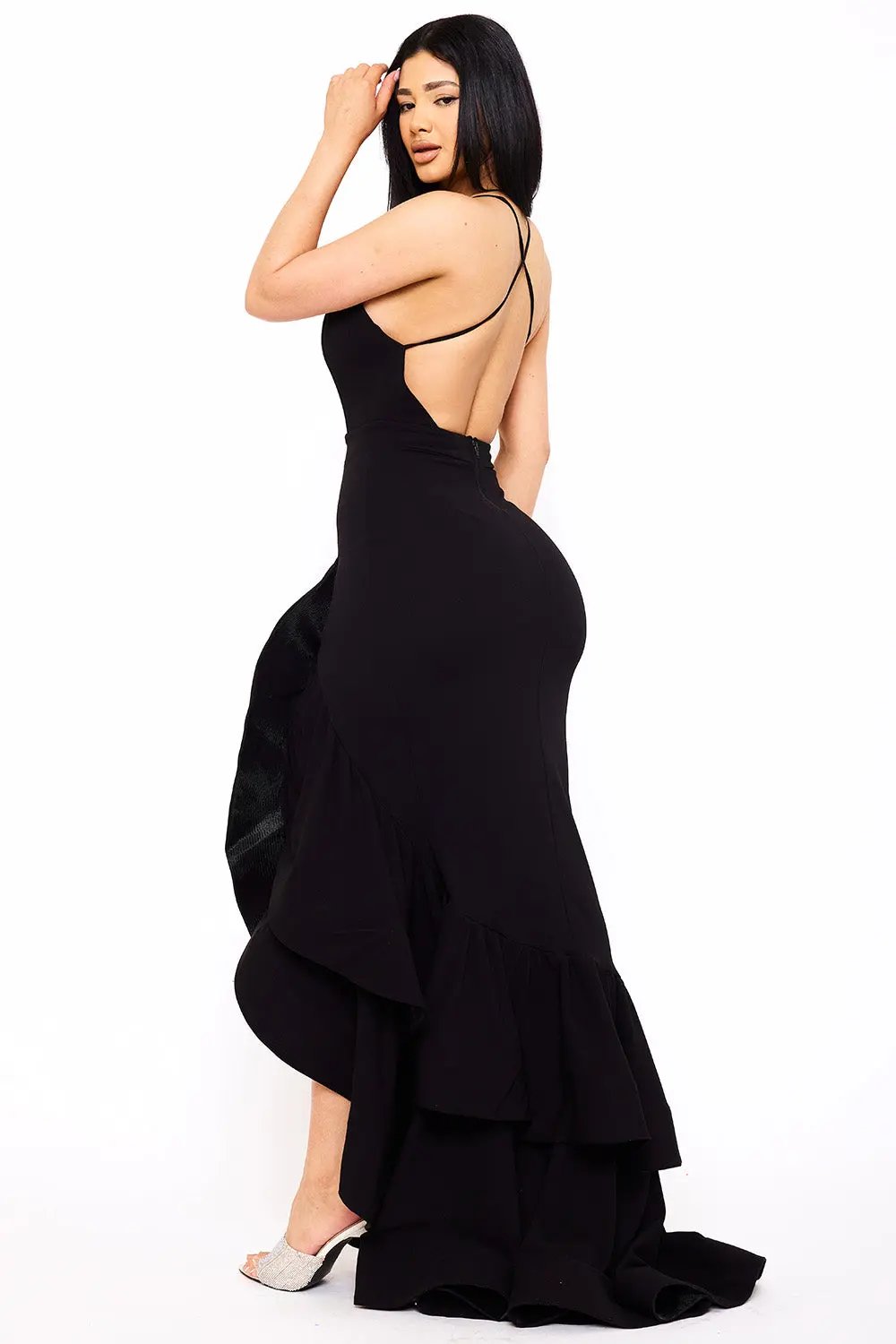 Ruffle Train Maxi Dress - Layered Spaghetti Strap Evening Gown BOUTINIE