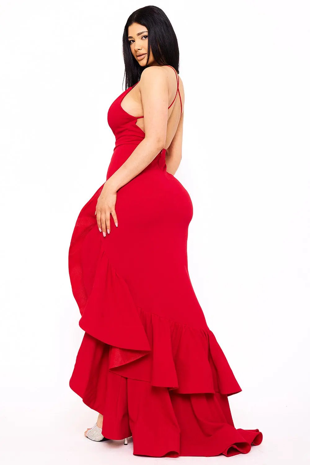 Ruffle Train Maxi Dress - Layered Spaghetti Strap Evening Gown BOUTINIE