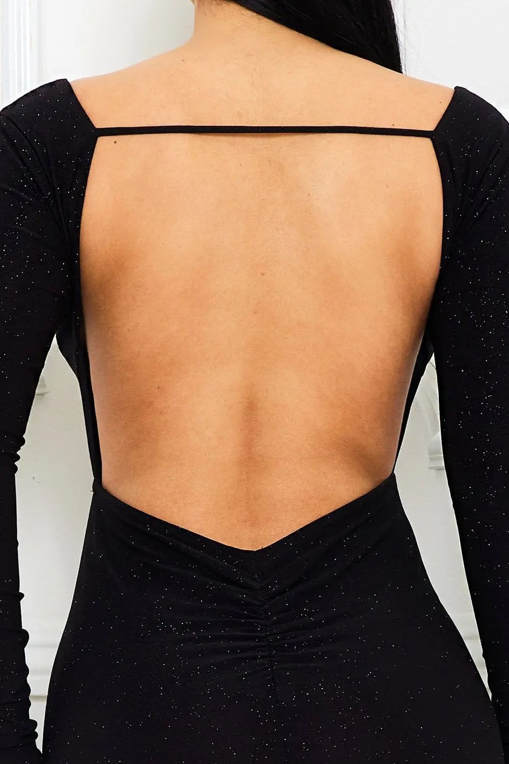 Stretch Glitter Maxi Dress - Wire Trim Neckline & Open Back Slip-On BOUTINIE