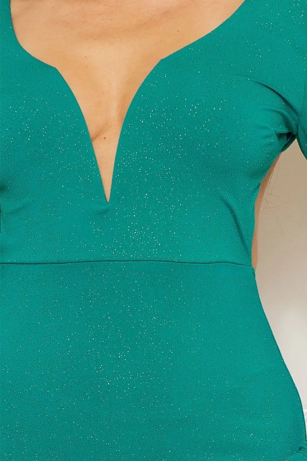 Stretch Glitter Maxi Dress - Wire Trim Neckline & Open Back Slip-On BOUTINIE