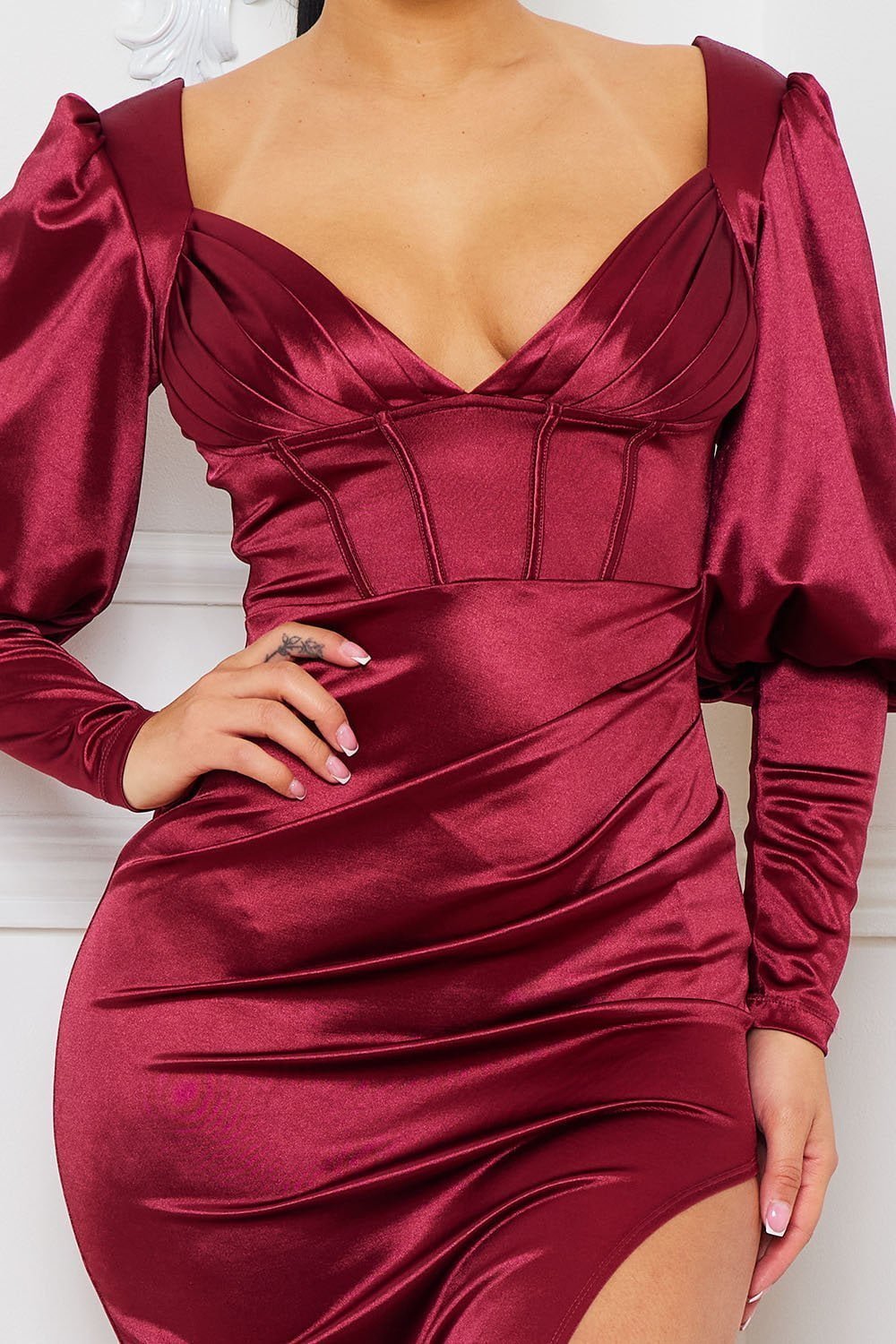 Satin Bustier Maxi Dress – Sweetheart Neck, Slit, Bishop Sleeve BOUTINIE
