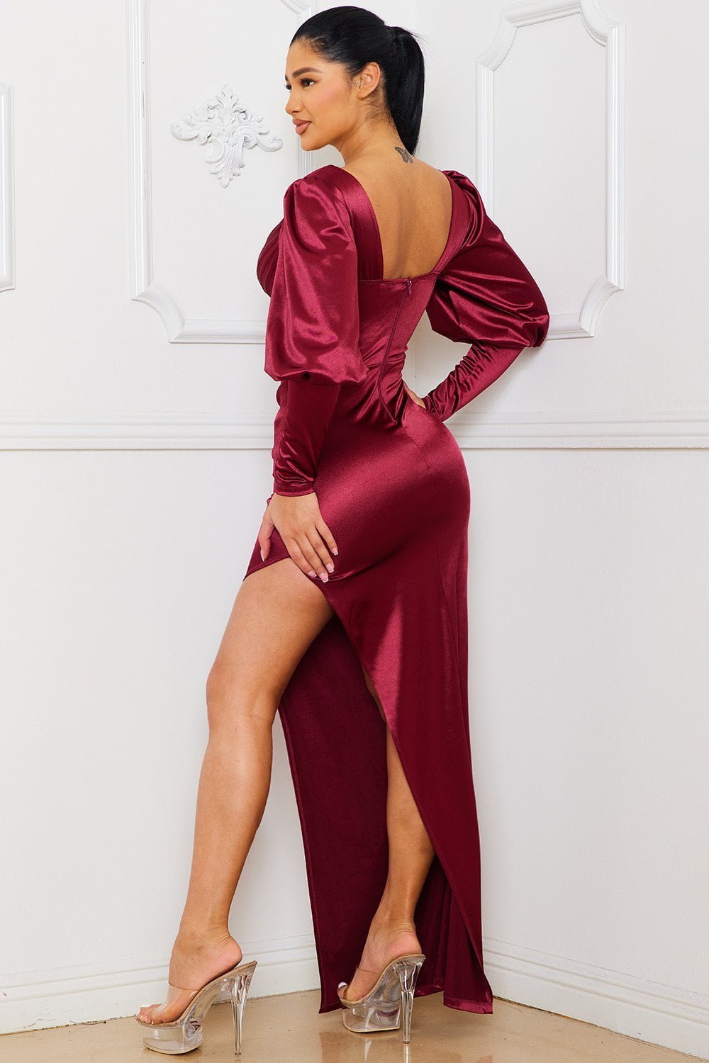 Satin Bustier Maxi Dress – Sweetheart Neck, Slit, Bishop Sleeve BOUTINIE