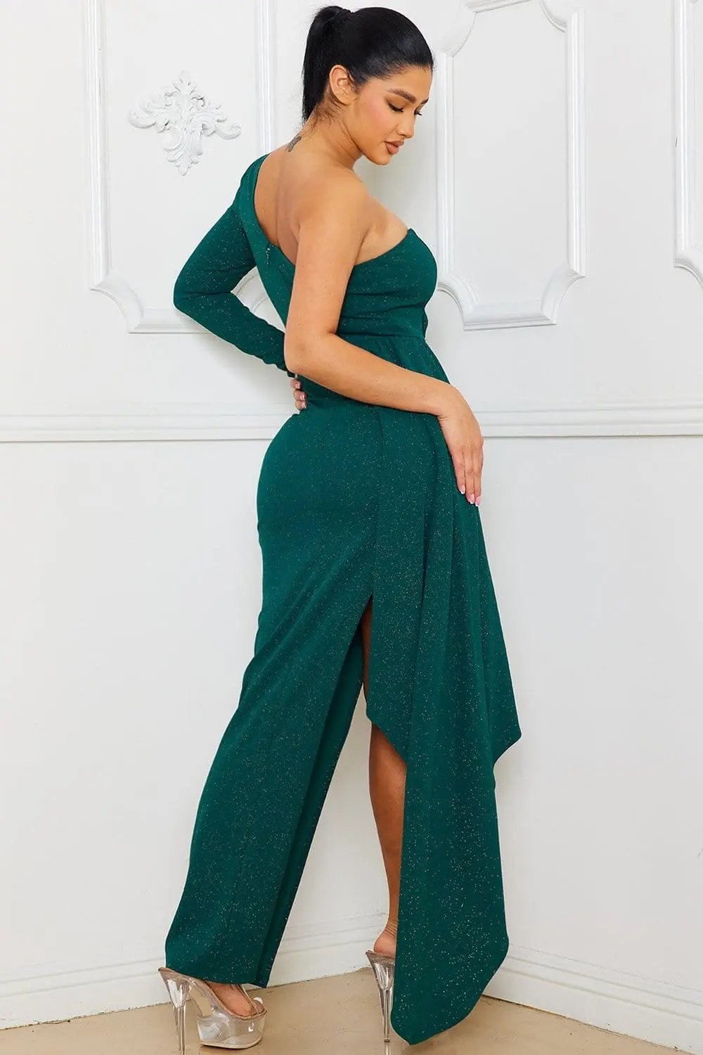 Glitter One Shoulder Dress - Maxi With Ruffle Front & Slit BOUTINIE