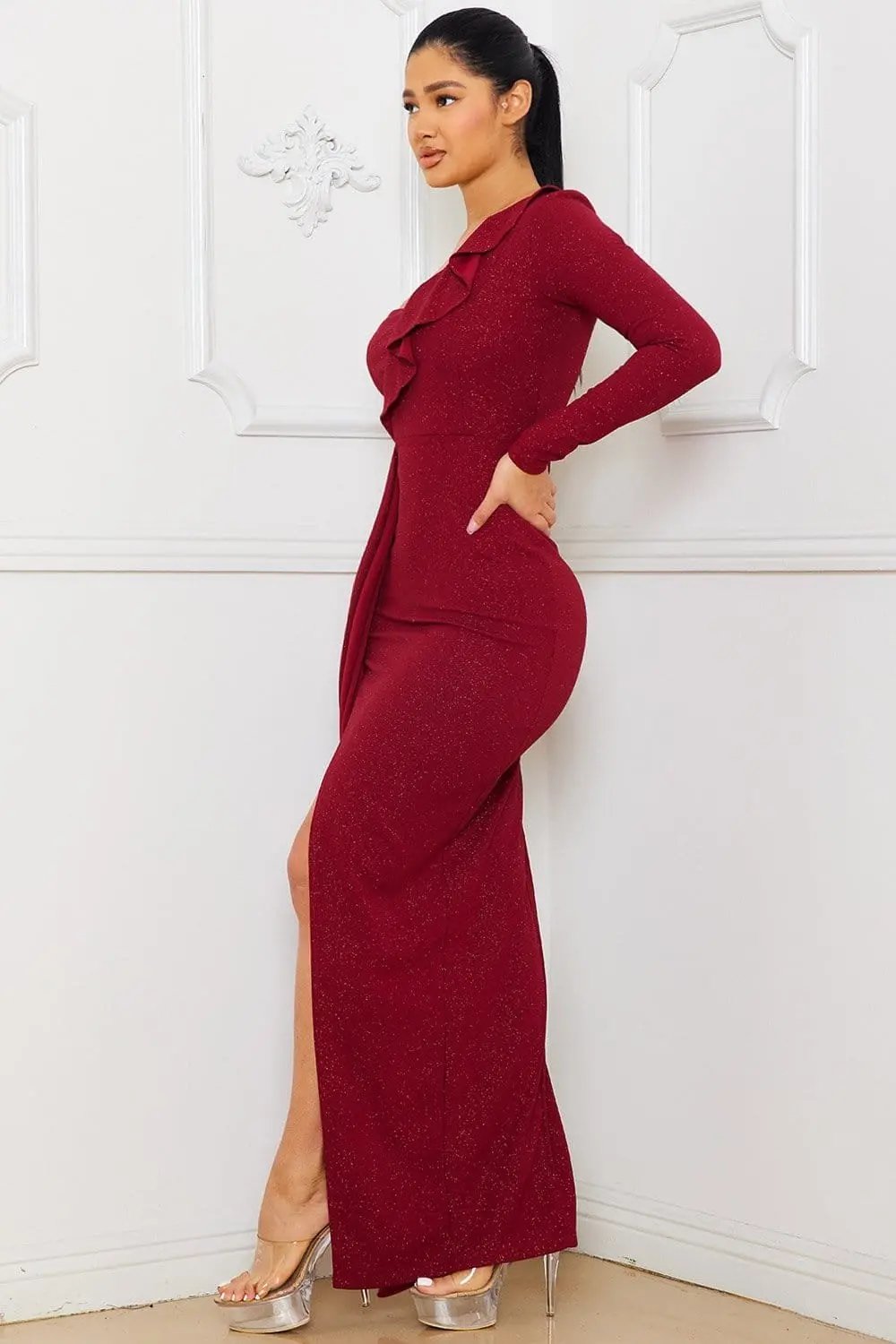 Glitter One Shoulder Dress - Maxi With Ruffle Front & Slit BOUTINIE